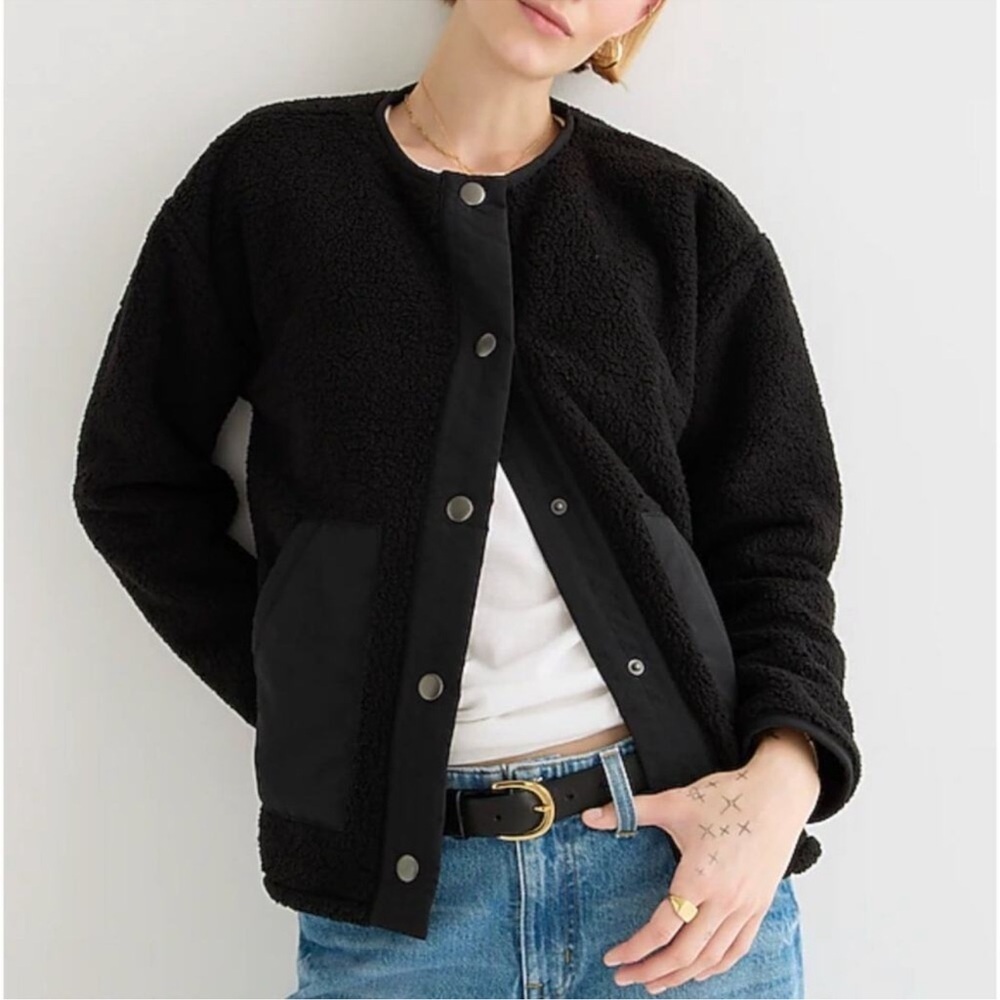 J. Crew Teddy Sherpa Snap Front Relaxed Fit Lady Jacket Black Size Medium
